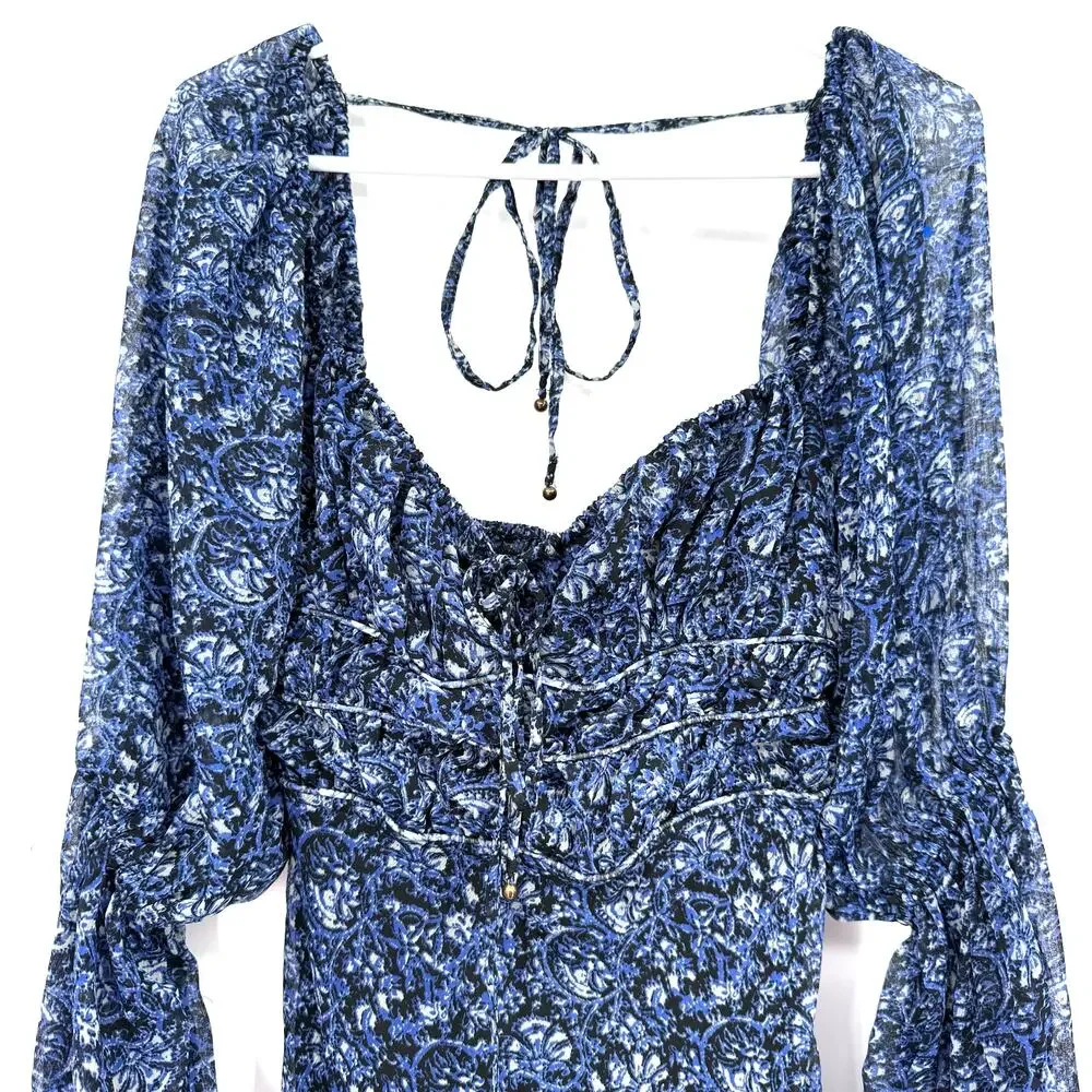 Free People Size XS Aglow Long Sleeve Midi Dress Blue‎ Bohemian Back Cutout